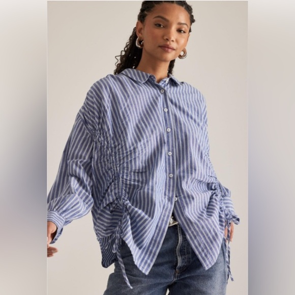 Pilcro Tops - Anthropologie Pilcro Reworked Ruched Blue Pin Striped Button Down Shirt Medium